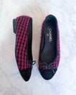 Chanel Hot Pink & Black Textured Tweed & Corduroy Cap-Toe Ballet Flats (37)
