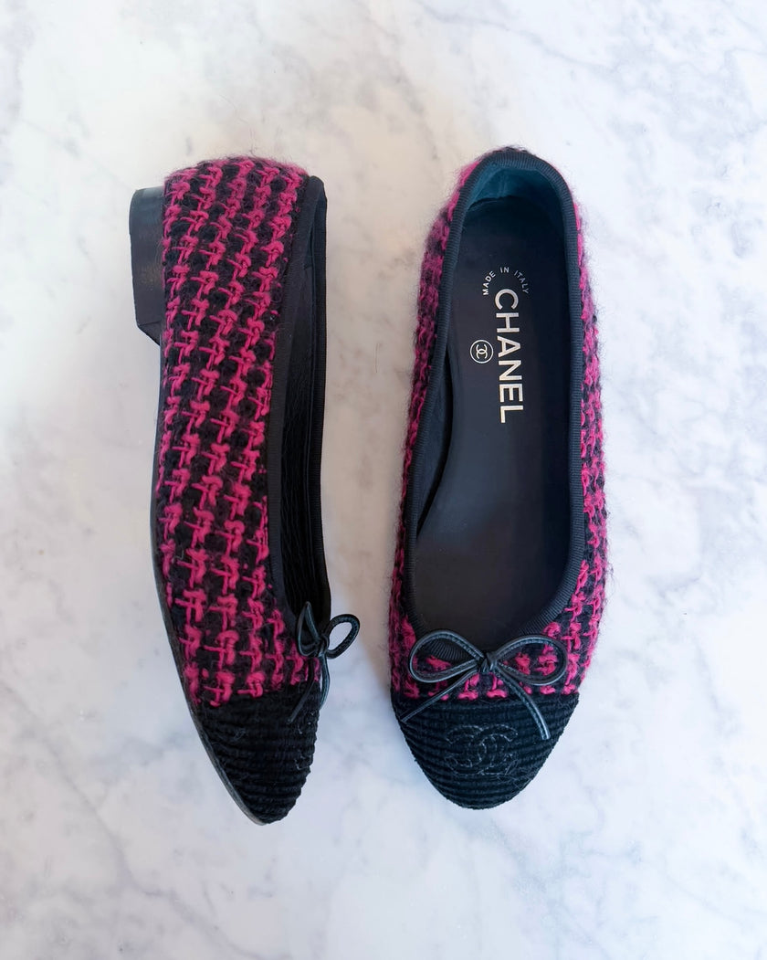 Chanel Hot Pink & Black Textured Tweed & Corduroy Cap-Toe Ballet Flats (37)