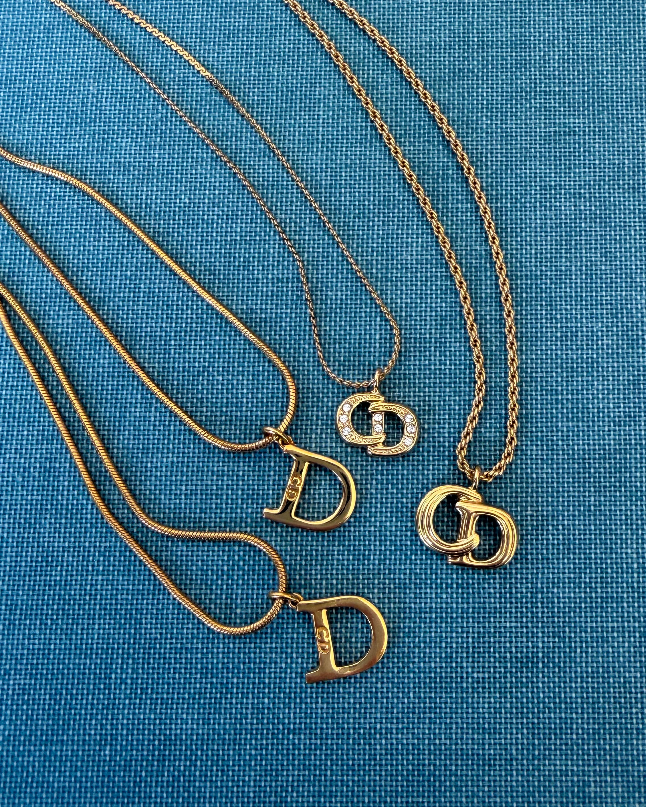 Vintage Christian Dior Gold-Tone CD Logo Pendant Necklace with Crystals