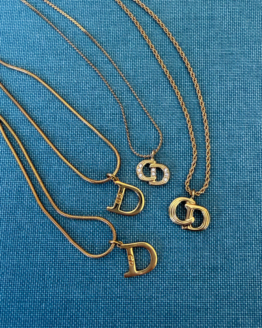 Vintage Christian Dior Gold-Tone CD Logo Pendant Necklace with Crystals