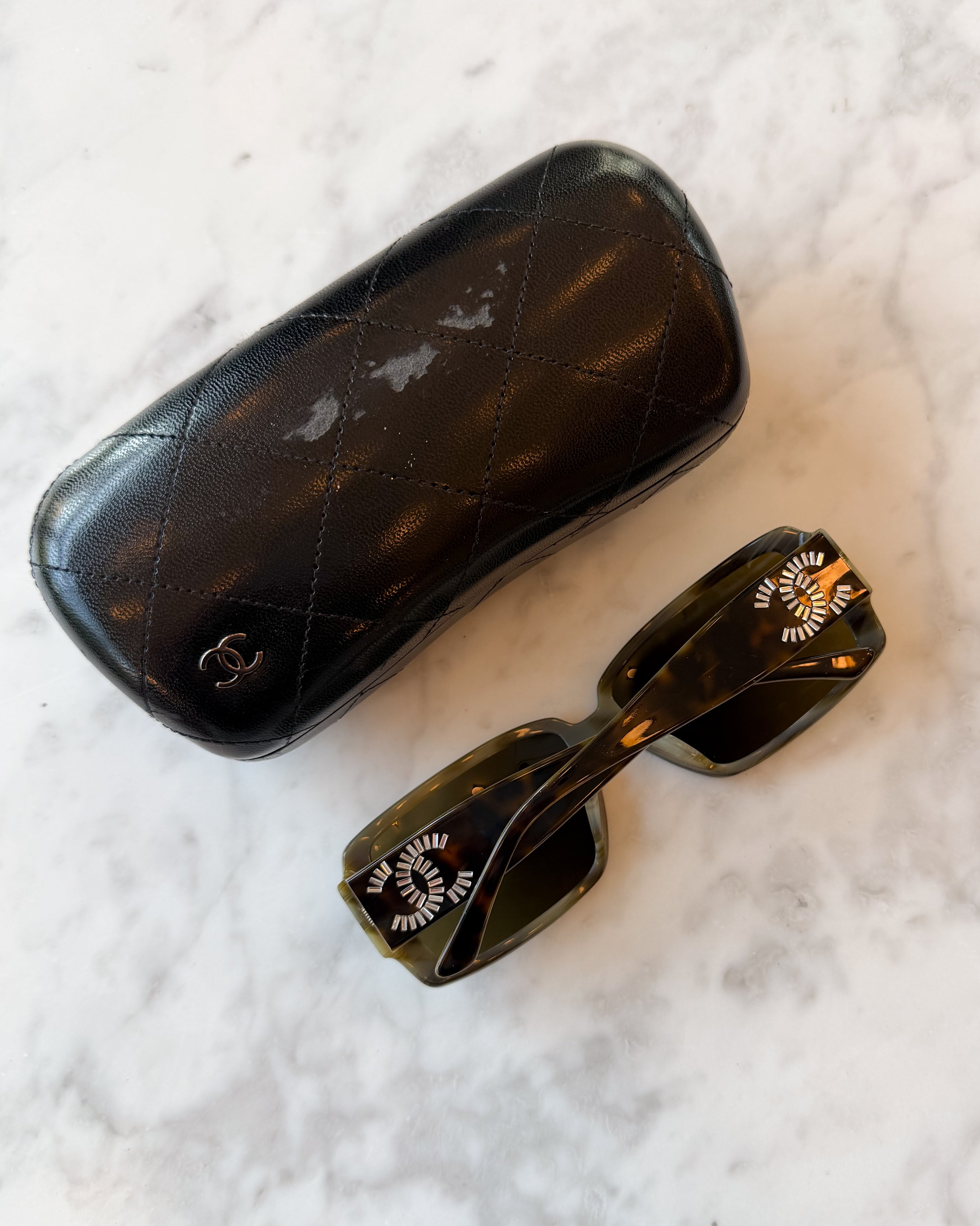 Chanel Crystal CC Logo Embellished Tortoise Sunglasses