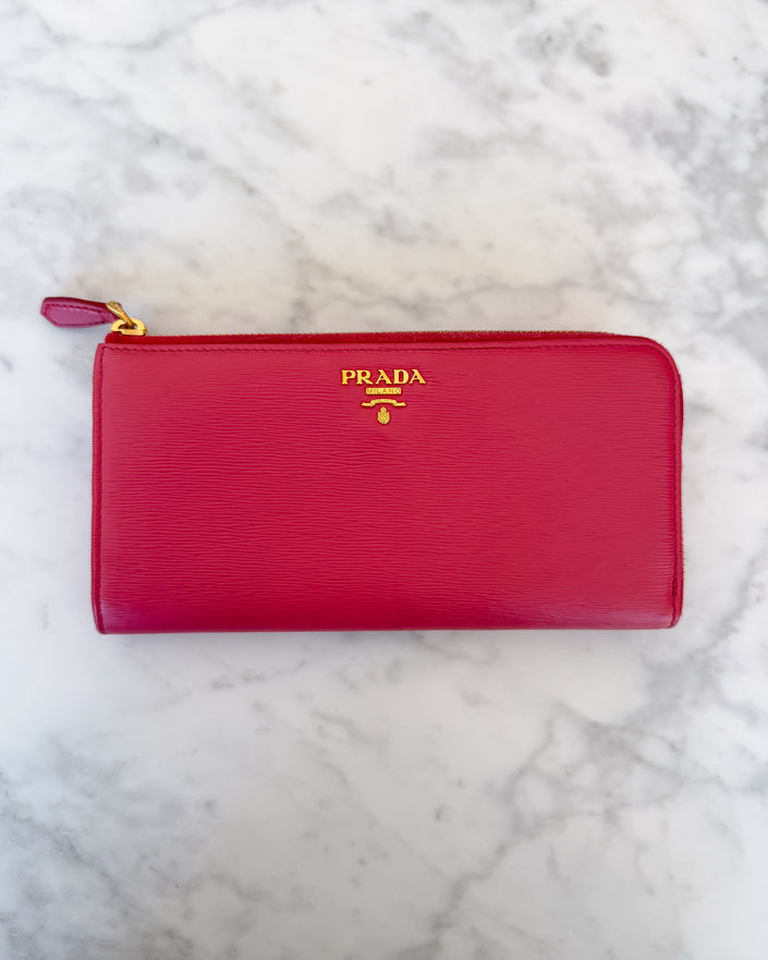 Prada Pink Saffiano Leather Zip Around Wallet with Original Box