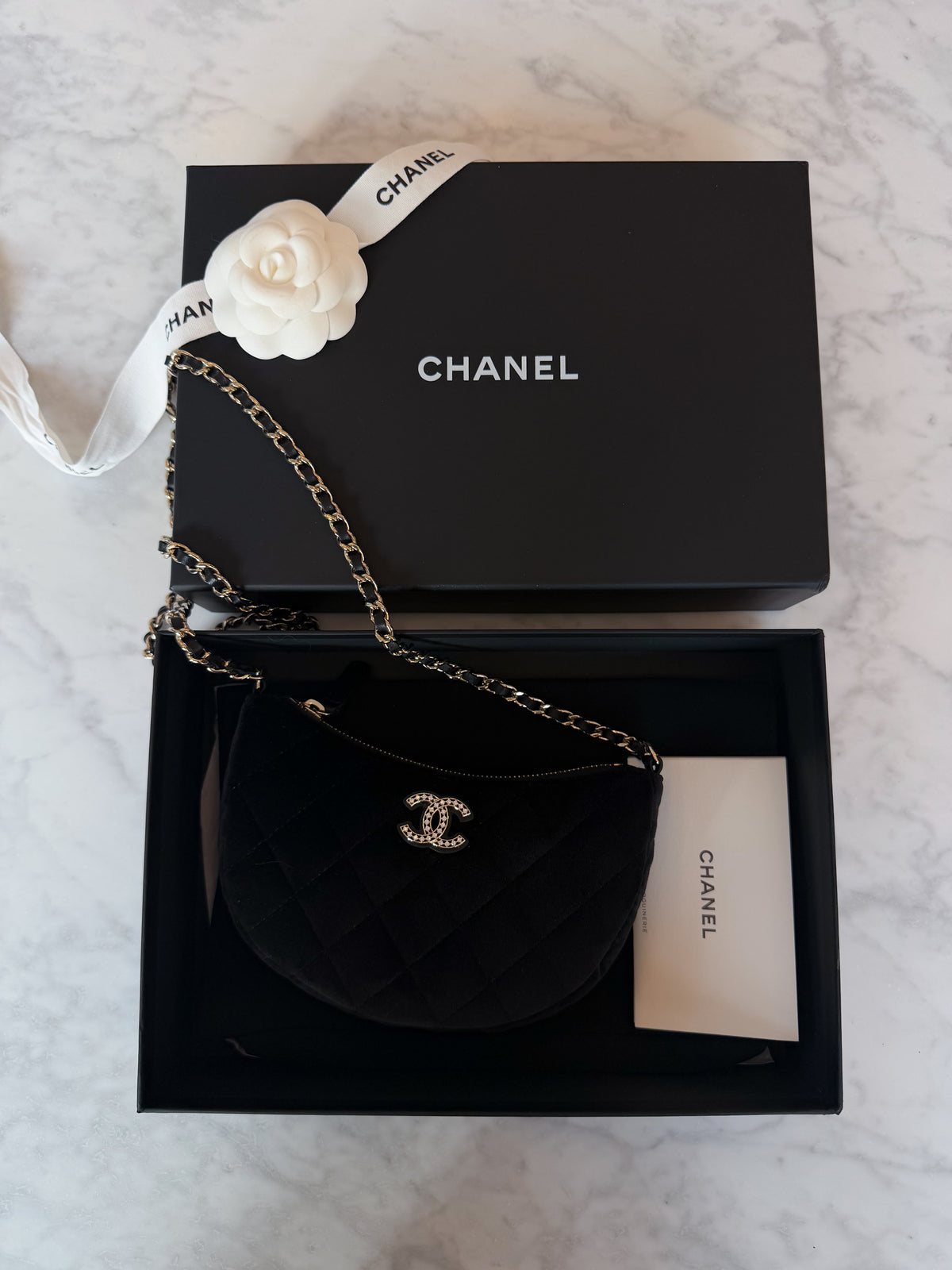 2024 Chanel Black Velvet Crystal CC Half Moon Bag
