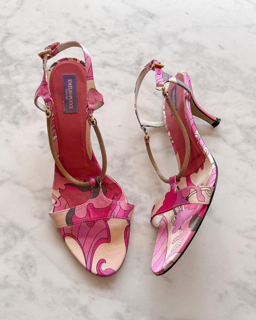Emilio Pucci 2000s Pink Print Slingback Heels with Gold Chain Detail (35.5)