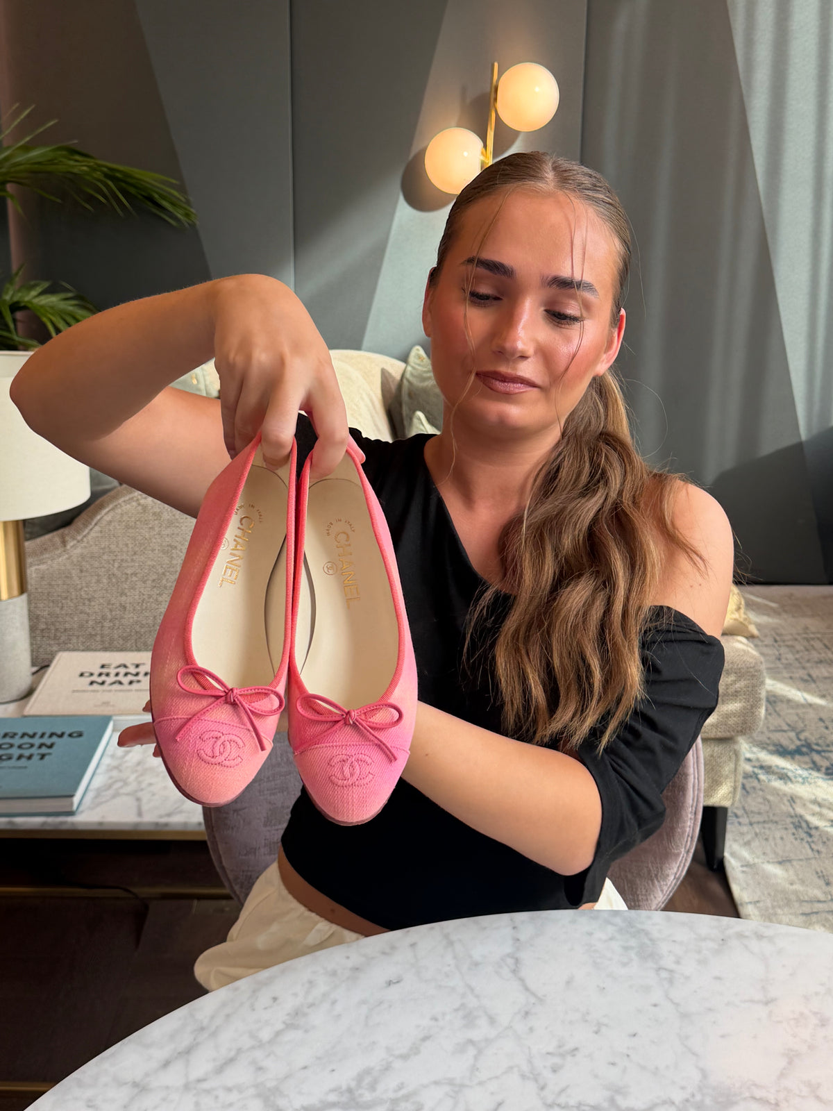 Chanel Peach Pink and Coral Canvas Ballet Flats (36) - VERY RARE