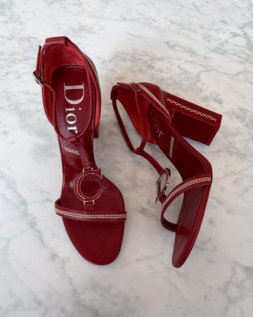 Dior by John Galliano S/S 2005 Red Leather CD Logo Strap Sandal Heels UNWORN (39)