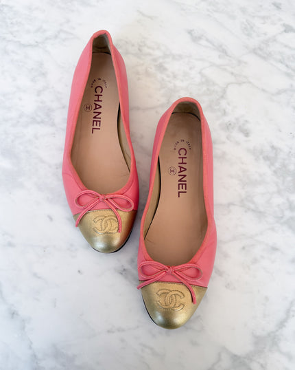 Chanel Raspberry Pink and Gold Two Tone Ballet Flats - Very Rare (35.5)