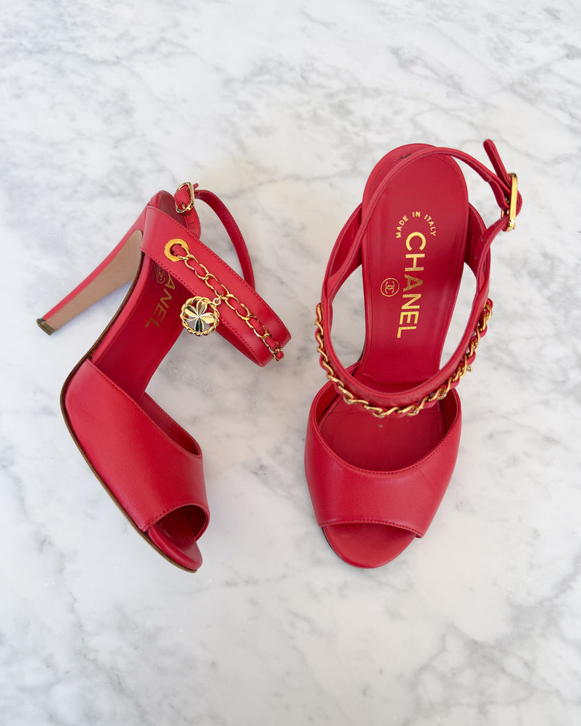 Chanel Watermelon Red Leather CC Logo Chain Open Toe Heels with Clover Charm (36.5)