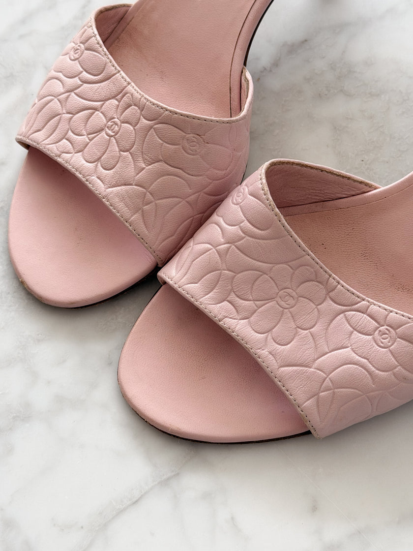 Chanel Pastel Pink Camellia Embossed Leather Mule Heels (36)