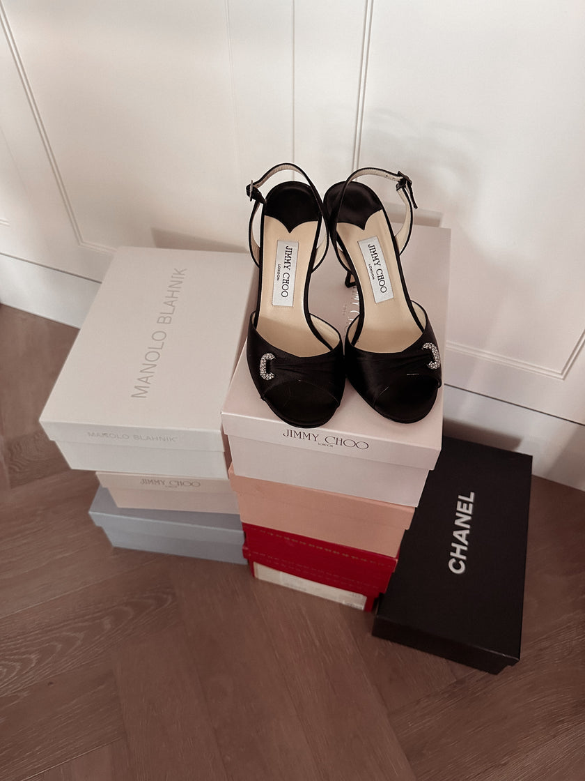 Jimmy Choo Black Satin Destino Heels with Crystal Buckles (36.5) RRP $630
