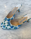 Manolo Blahnik Blue Floral Kitten Heel Mules (37.5)
