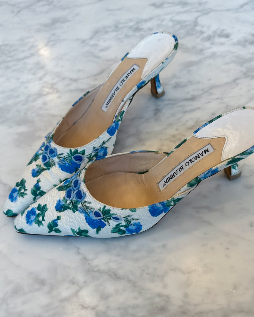 Manolo Blahnik Blue Floral Kitten Heel Mules (37.5)