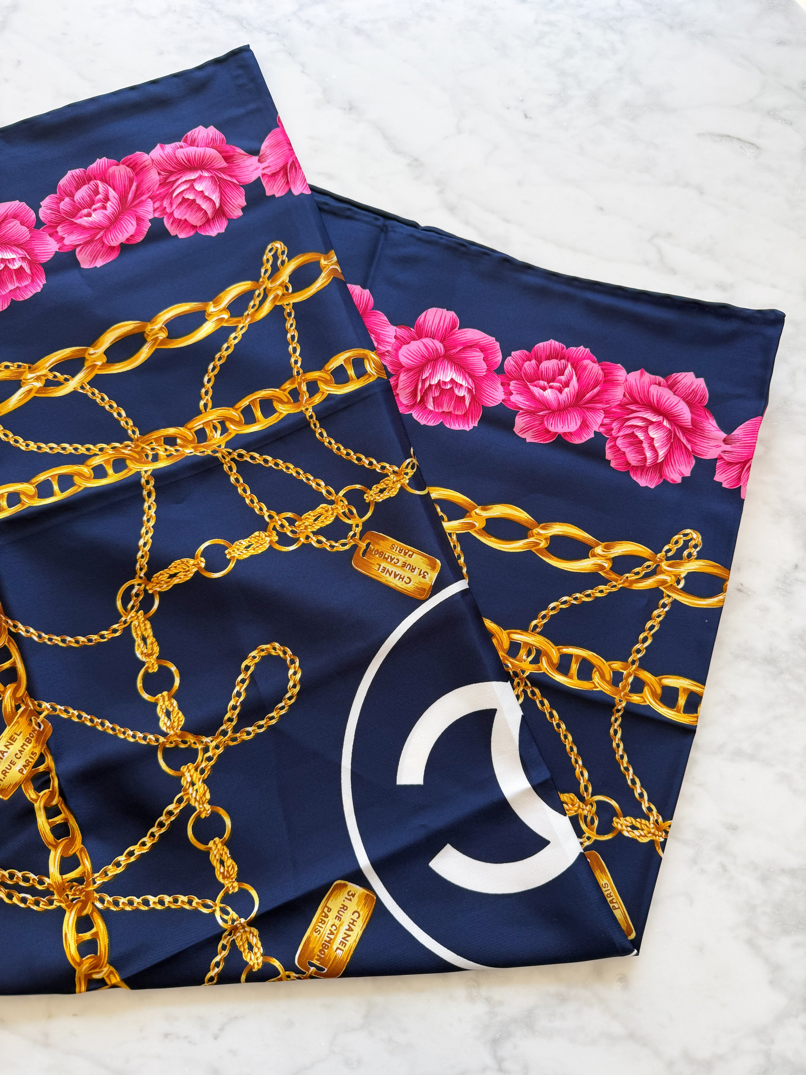 Chanel Vintage Large Silk Scarf CC Logo Pink Camellia Gold Chain Print (Brand New!)