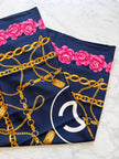 Chanel Vintage Large Silk Scarf CC Logo Pink Camellia Gold Chain Print (Brand New!)