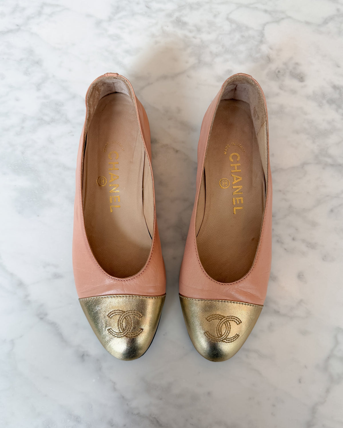 Chanel Blush Pink & Gold CC Cap Toe Ballet Flats (36)