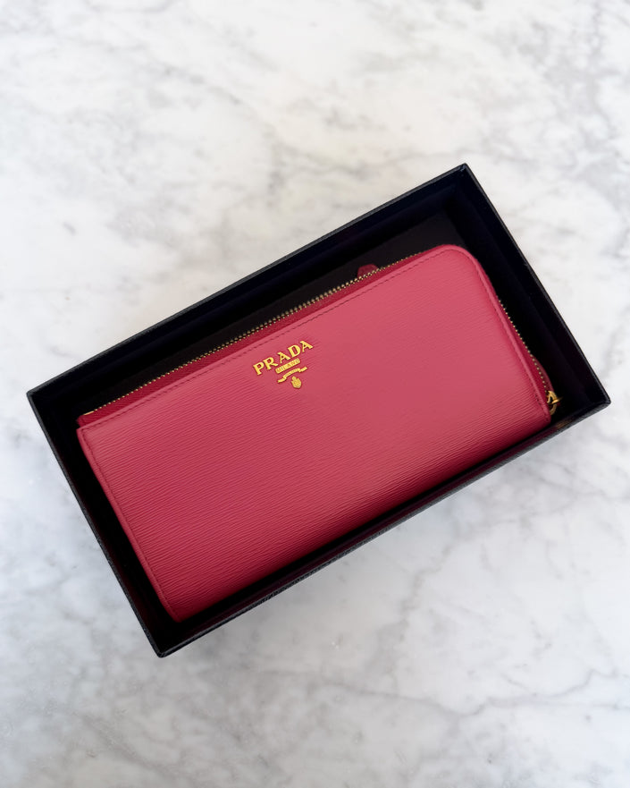 Prada Pink Saffiano Leather Zip Around Wallet with Original Box