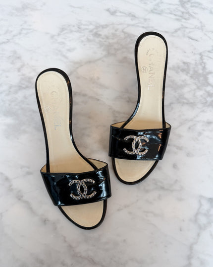 Chanel Black Patent Leather Silver CC Logo Mules (36.5)