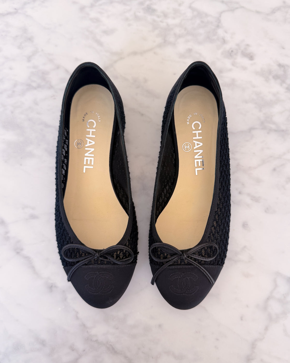 Chanel Black Mesh CC Cap Toe Ballet Flats (35.5)