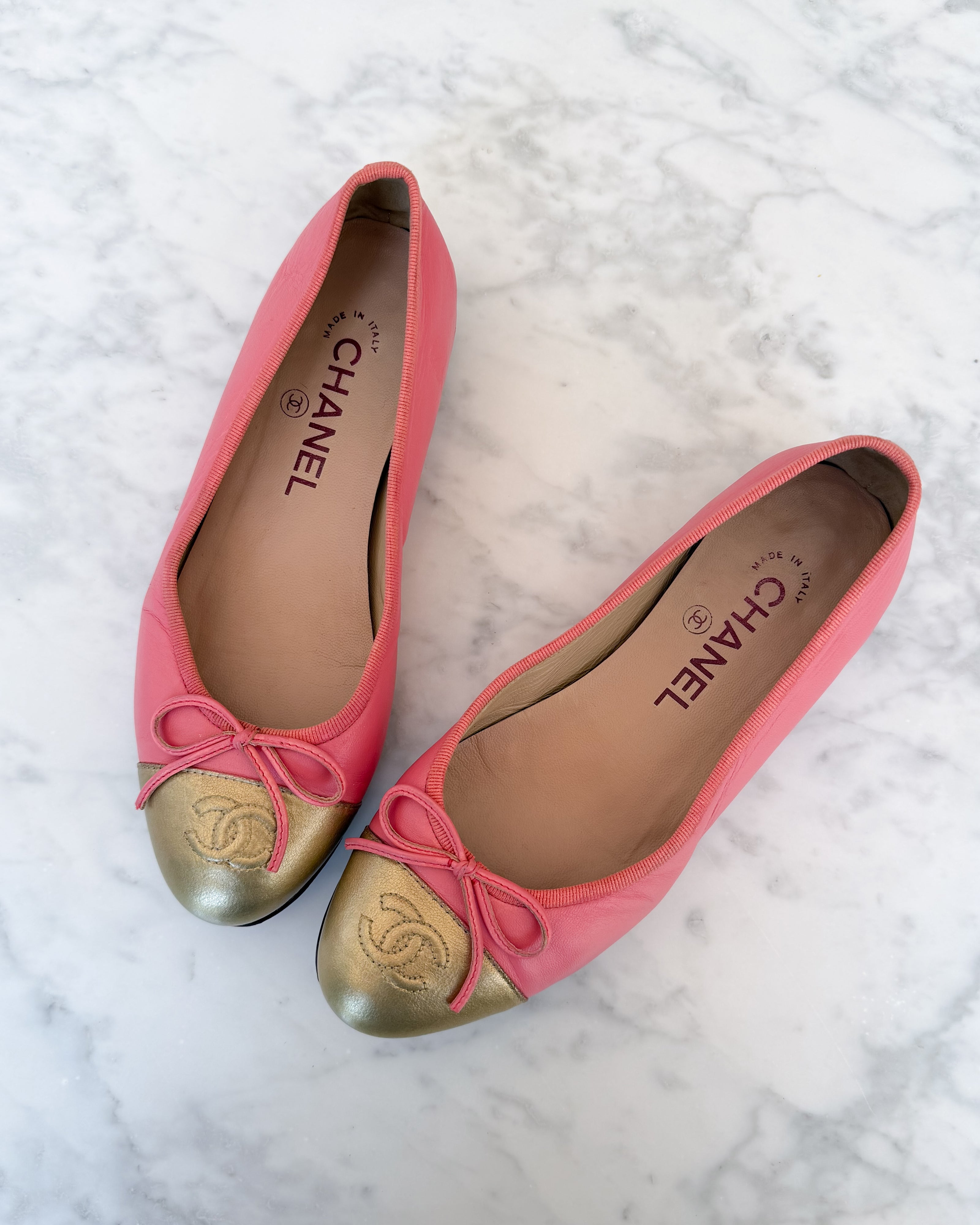 Chanel Raspberry Pink and Gold Two Tone Ballet Flats - Very Rare (35.5)