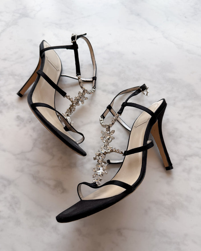 Christian Dior Vintage Black Suede Strappy Crystal Floral Embellished Heels (39)