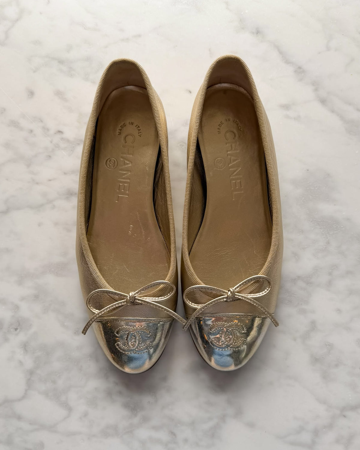 Chanel Metallic Champagne and Silver Holo CC Ballet Flats (34.5)