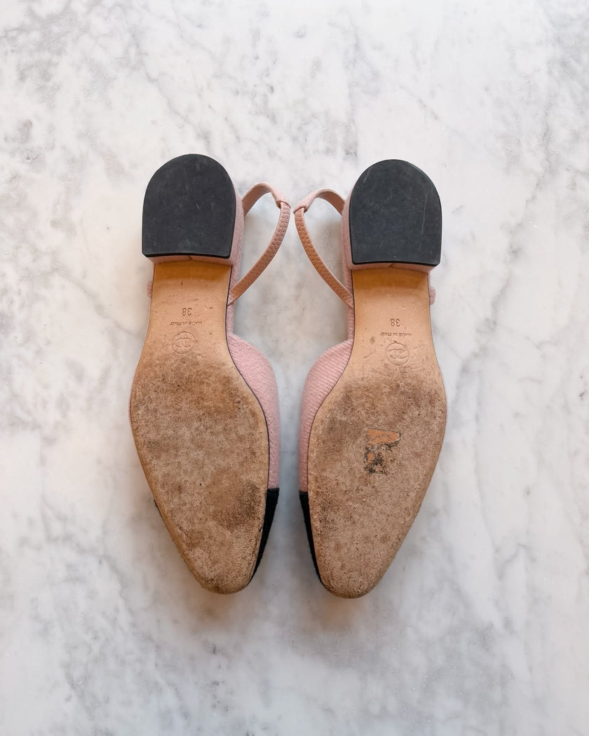 Chanel Pink Tweed & Black Cap-Toe Slingback Flats (38)