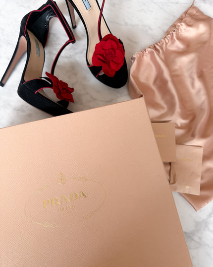 Prada Black Suede Red Rose Appliqué T-Strap Heeled Sandals (40)