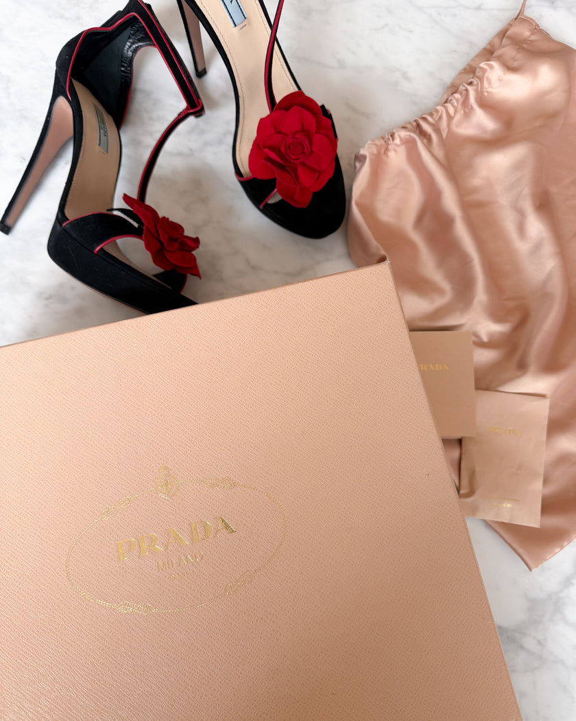 Prada Black Suede Red Rose Appliqué T-Strap Heeled Sandals (40)