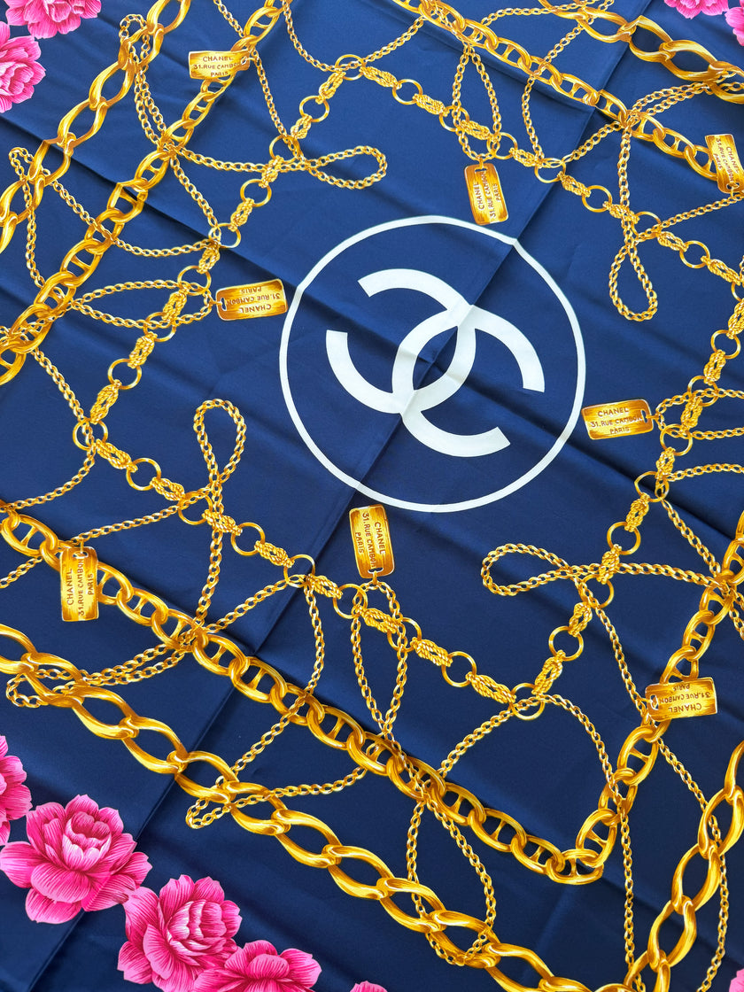 Chanel Vintage Large Silk Scarf CC Logo Pink Camellia Gold Chain Print (Brand New!)
