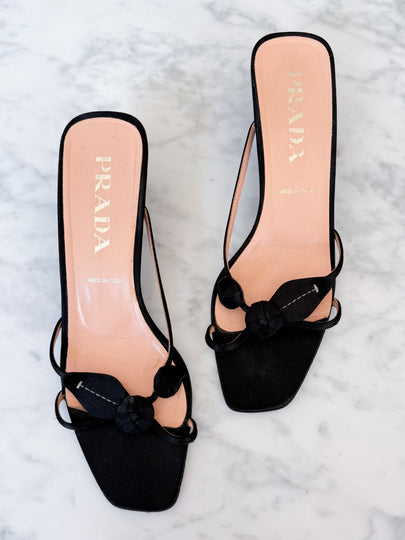 Archival Prada Black Satin Rose Kitten Heel Mules (38.5)