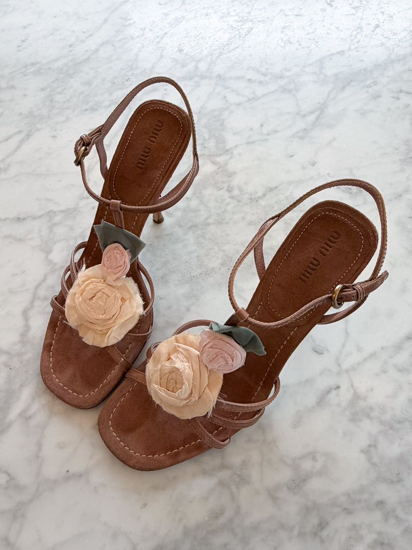 Miu Miu 2000s Silk Rose Floral Leather Strappy Heels (37.5)