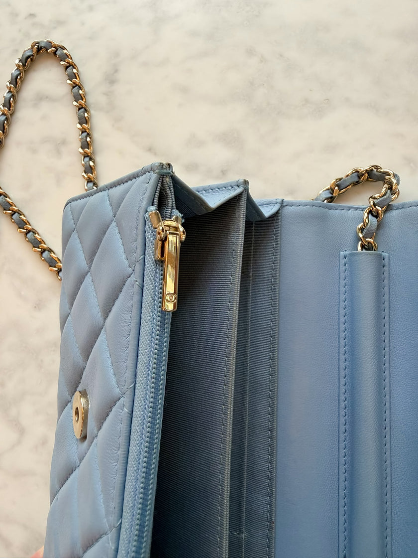 Chanel Sky Blue Quilted Lambskin Wallet On Chain Gold Hardware - 2020