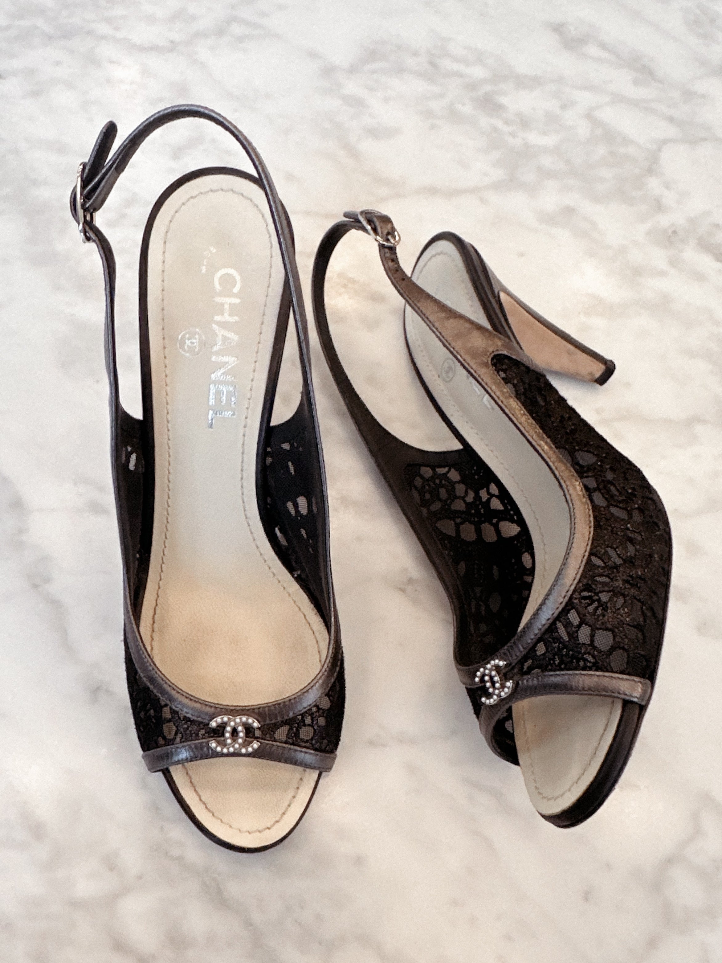 Chanel Black CC Mesh Slingback Heels (38.5)