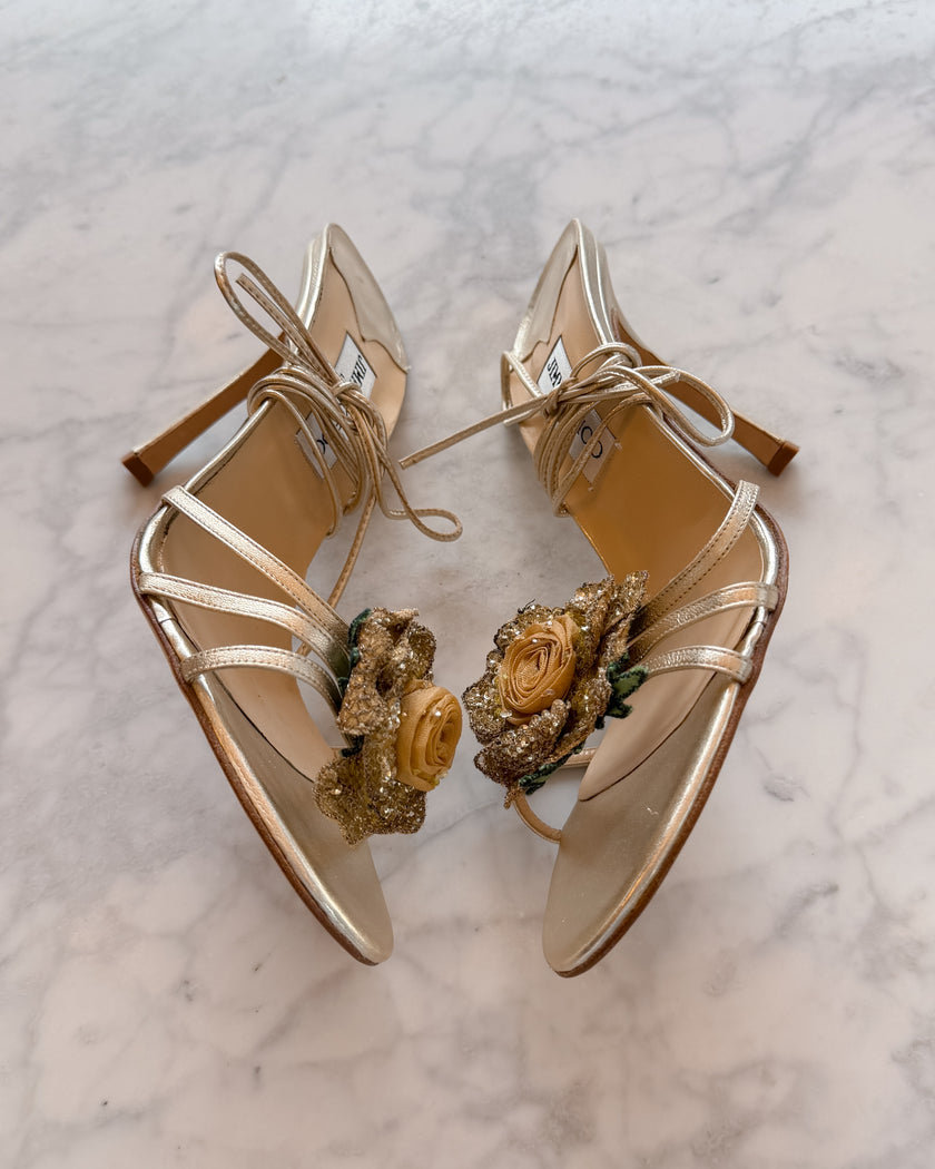 Jimmy Choo Gold Rose Floral Lace-Up Heels (42)
