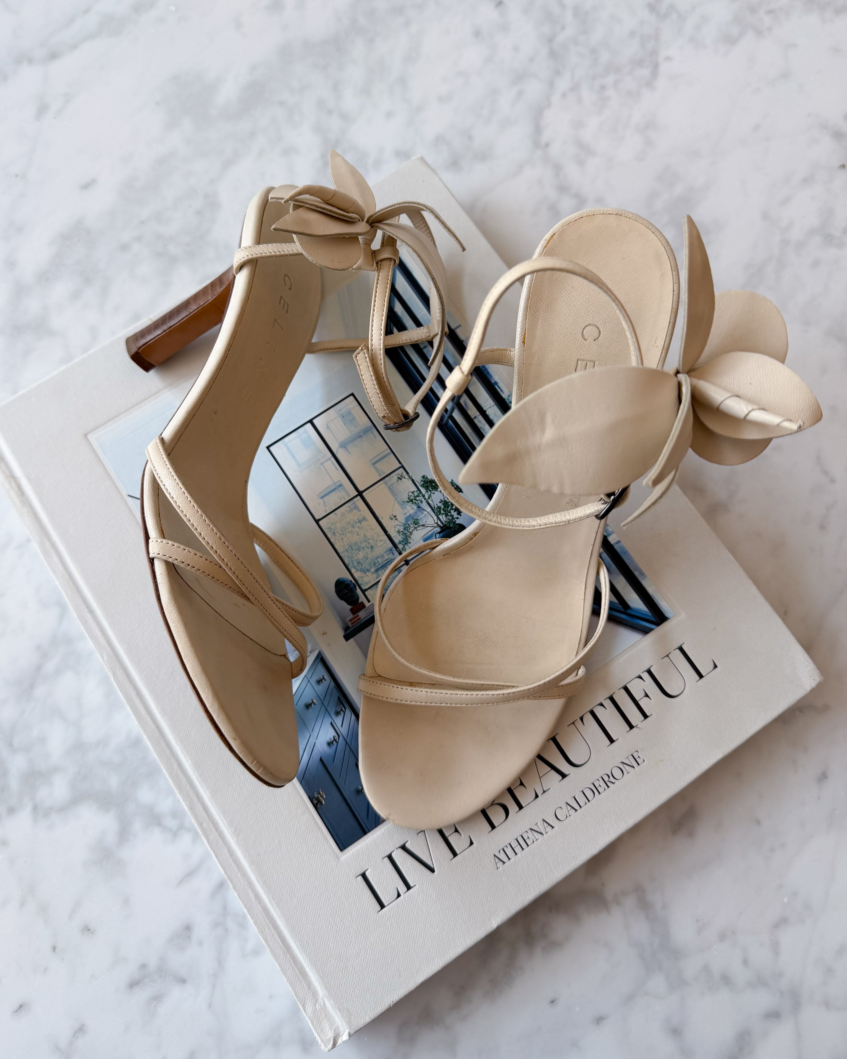 Celine Ivory Leather Floral Heel Sandals (EU 36.5)
