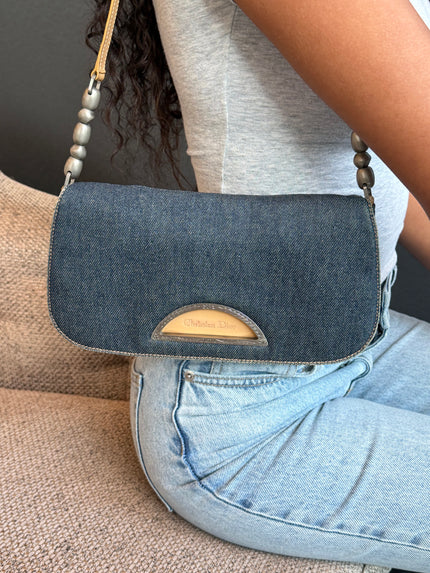 Christian Dior Malice Denim Shoulder Bag with Silver Hardware