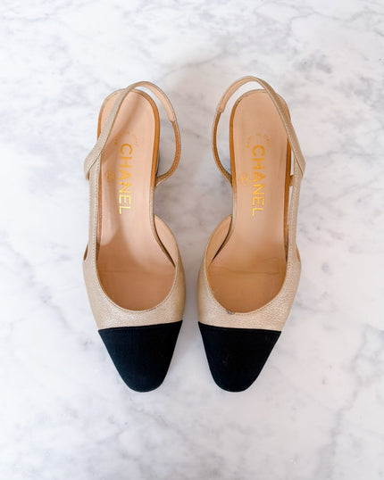 Chanel Gold Champagne Black Cap Toe Slingback Heels (35)