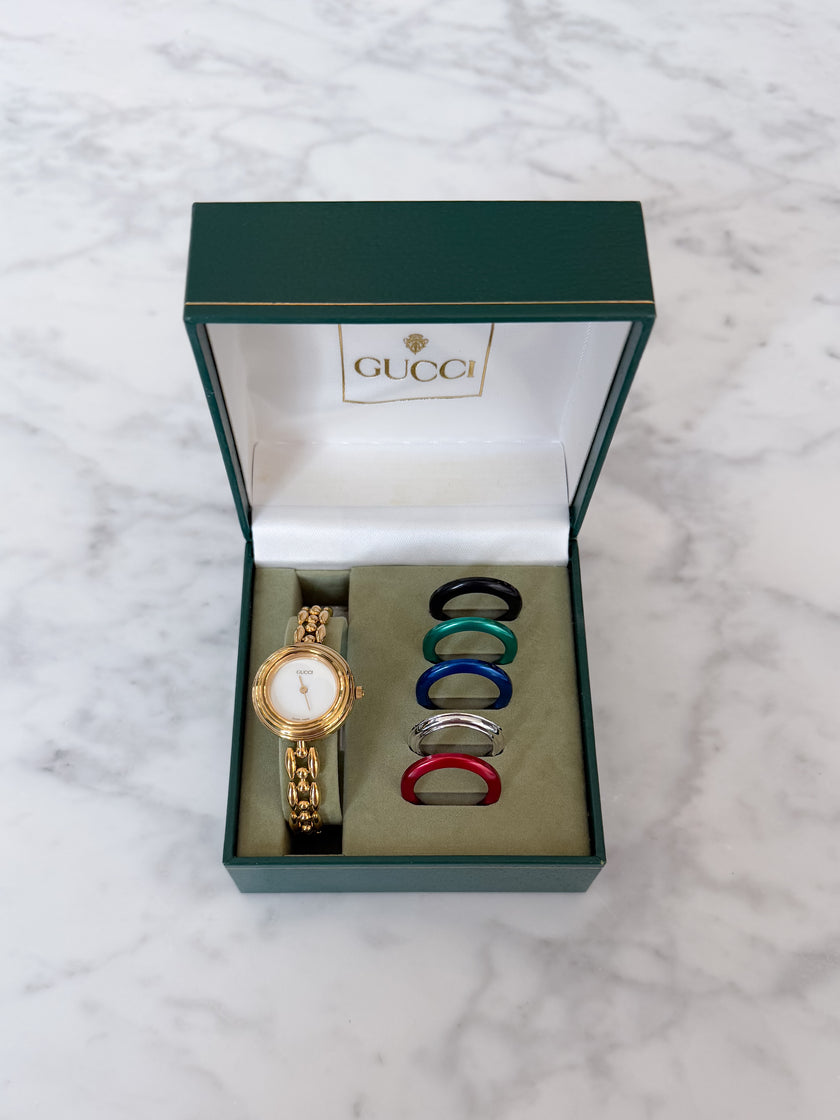 Vintage Gucci Gold Bracelet Watch - Full Set with 6 Interchangeable Bezels & Original Box
