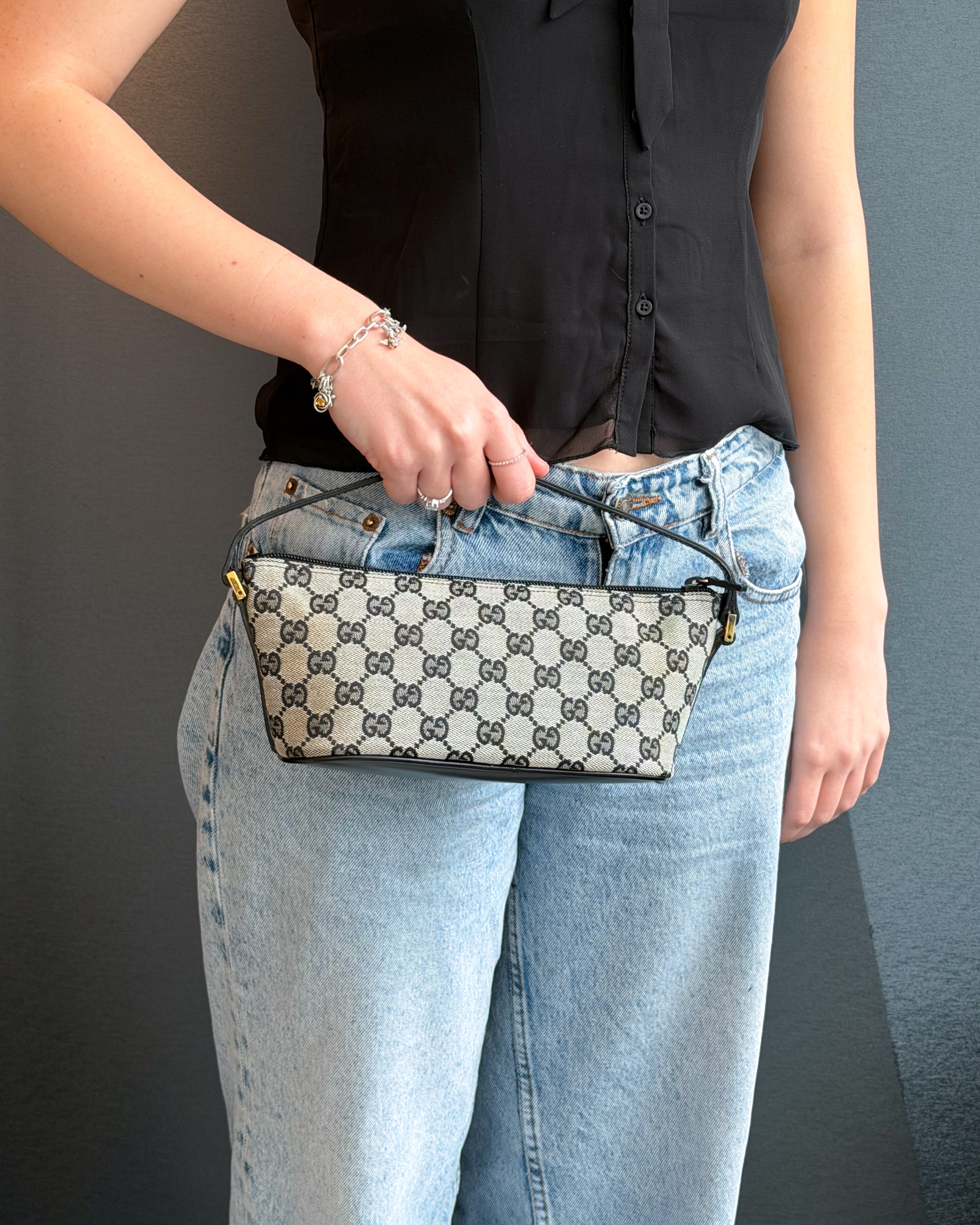 Gucci Boat Monogram Handbag with Black Handle
