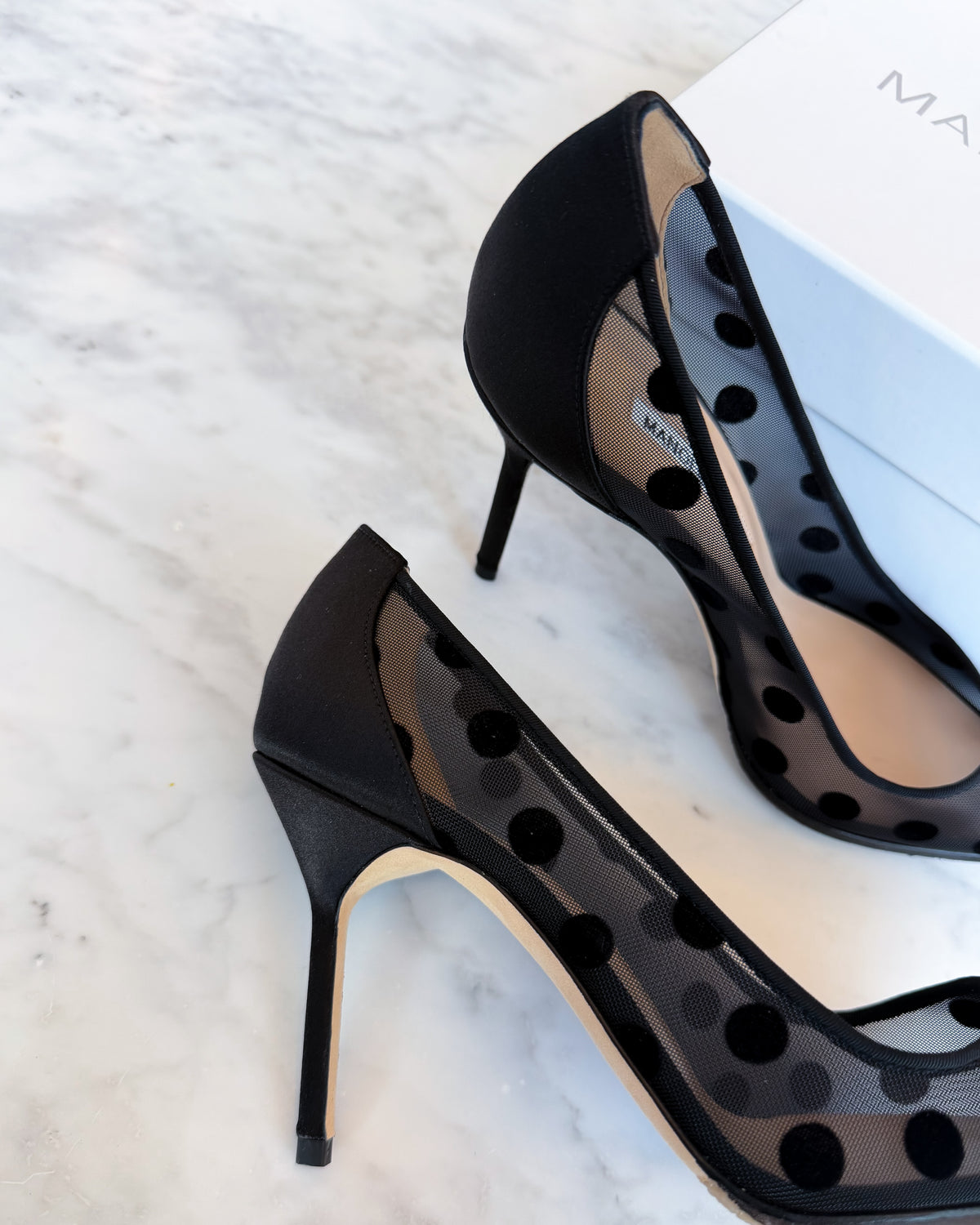Manolo Blahnik Black Polka Dot Mesh Heels (37) RRP £765