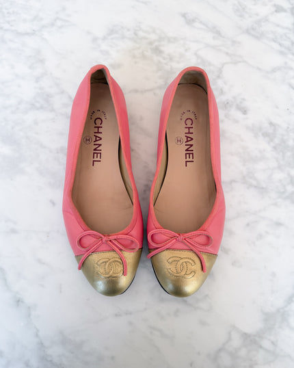 Chanel Raspberry Pink and Gold Two Tone Ballet Flats - Very Rare (35.5)