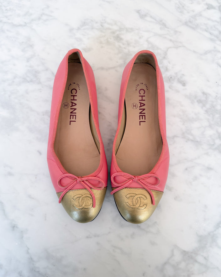 Chanel Raspberry Pink and Gold Two Tone Ballet Flats - Very Rare (35.5)