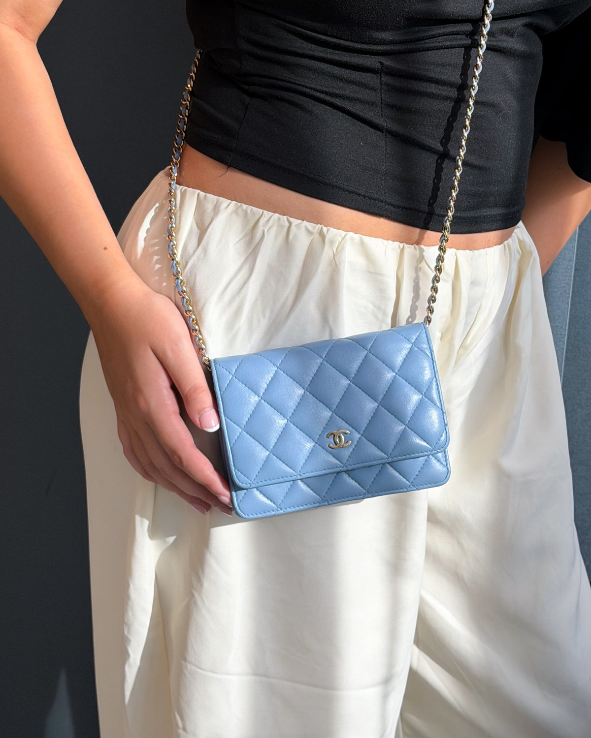 Chanel Sky Blue Quilted Lambskin Wallet On Chain Gold Hardware - 2020