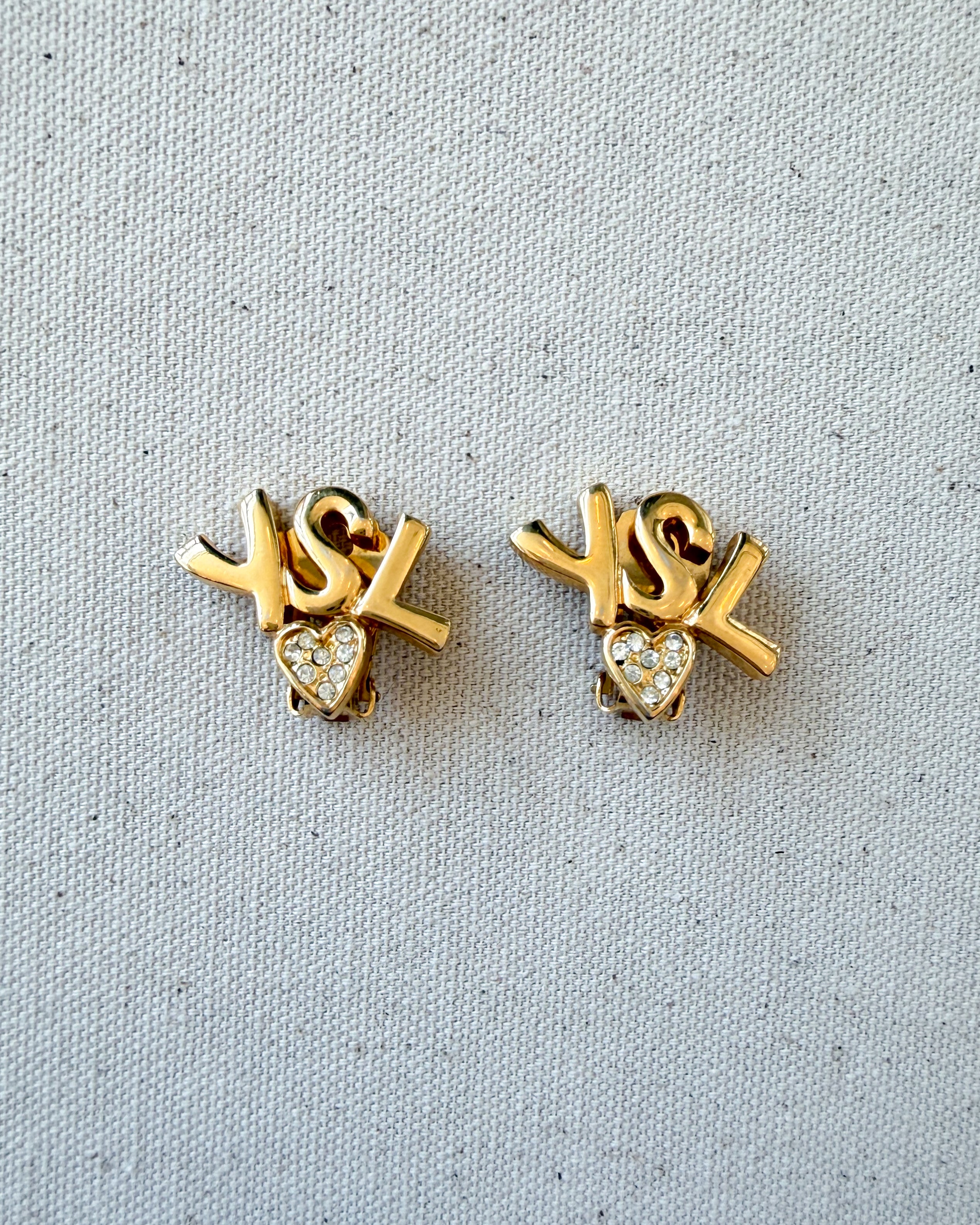 Yves Saint Laurent Vintage Gold-Tone Logo Heart Clip-On Earrings with White Crystals
