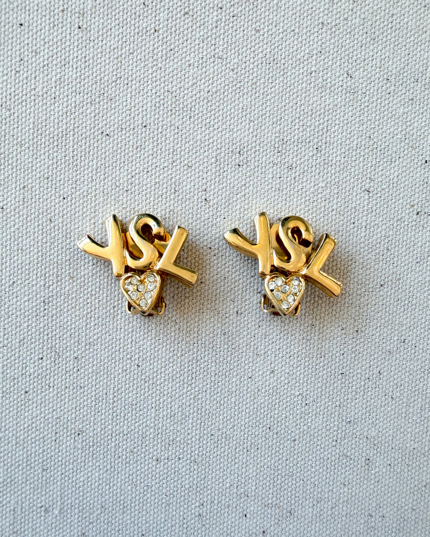 Yves Saint Laurent Vintage Gold-Tone Logo Heart Clip-On Earrings with White Crystals