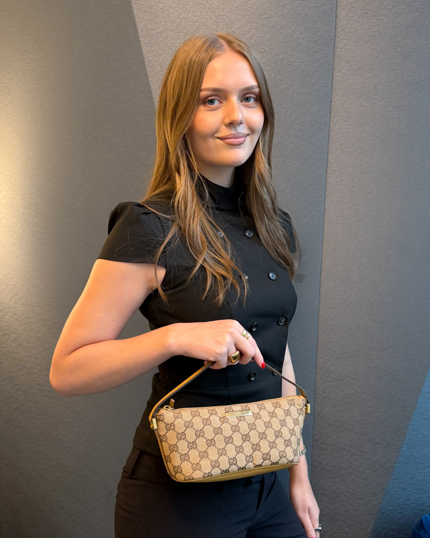 Gucci Beige & Brown GG Monogram Canvas Boat Bag with Beige Handle