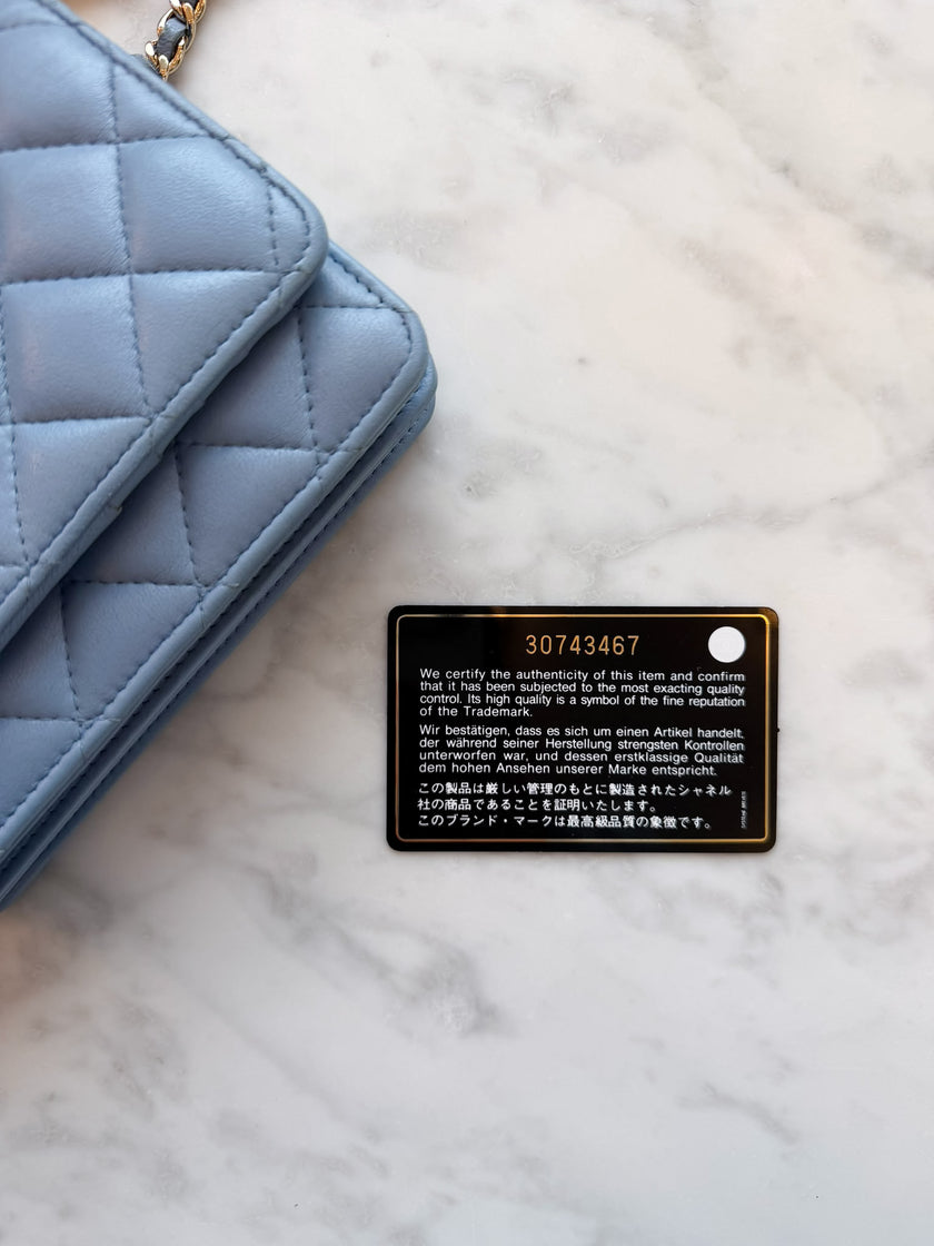 Chanel Sky Blue Quilted Lambskin Wallet On Chain Gold Hardware - 2020