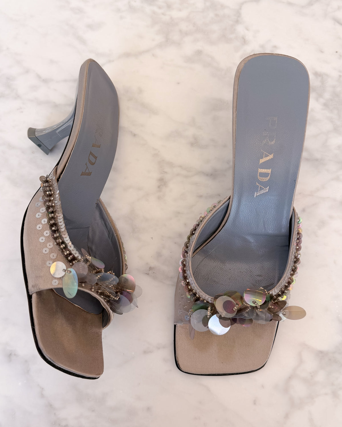 Archival Prada Silver & Baby Blue Satin Sequin Embellished Kitten Heel Mules (38) - VERY RARE