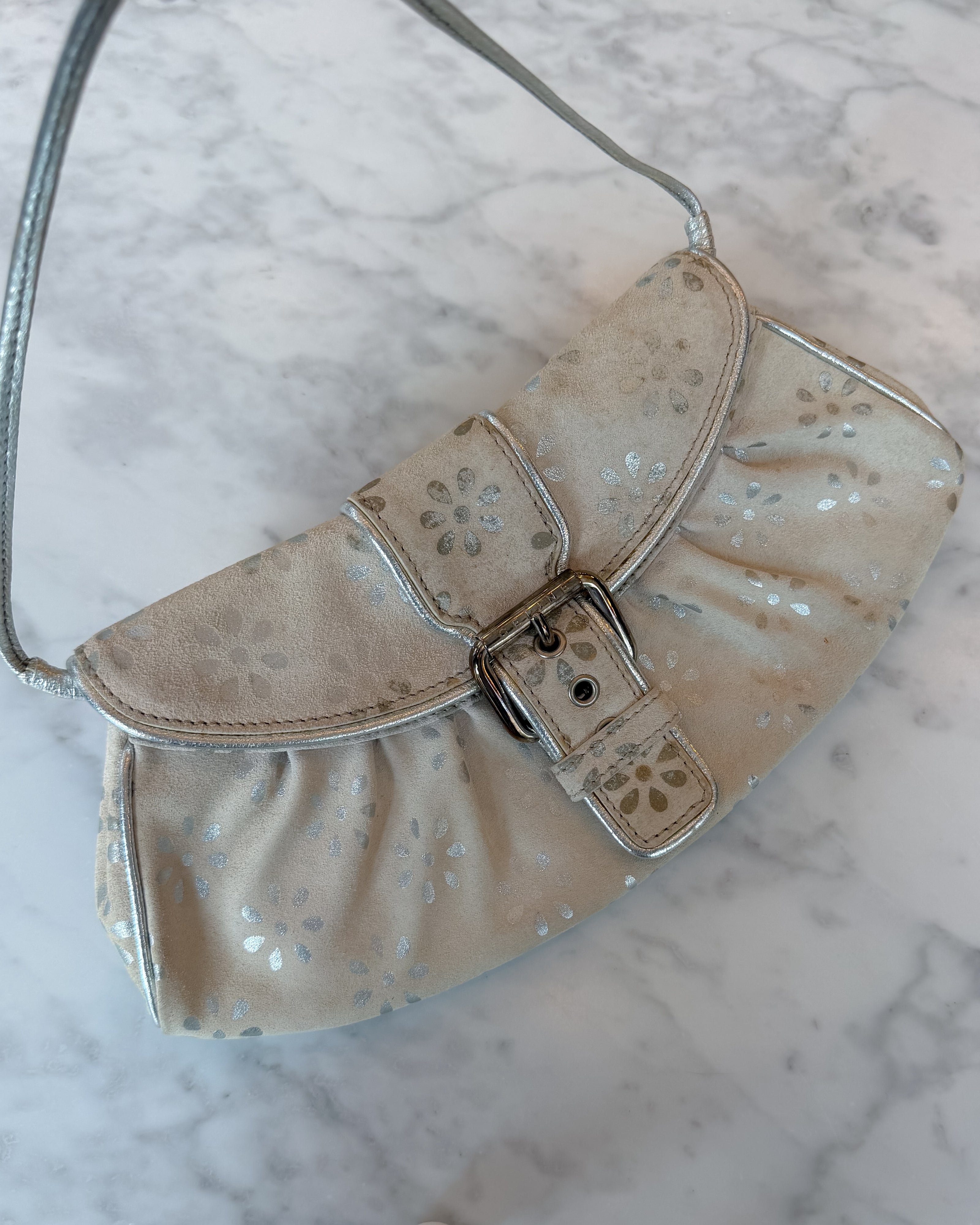 Celine Floral Suede Cream and Silver Shoulder Bag with Buckle