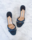 Manolo Blahnik Navy Polka Dot Kitten Heel Mules (38)